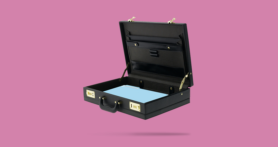 An open briefcase with a file inside in front of a purple background.