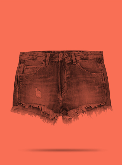 Red-tinted daisy dukes in front of red background.