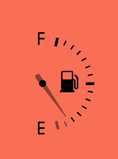 A fuel gauge on a red background that is approaching empty.