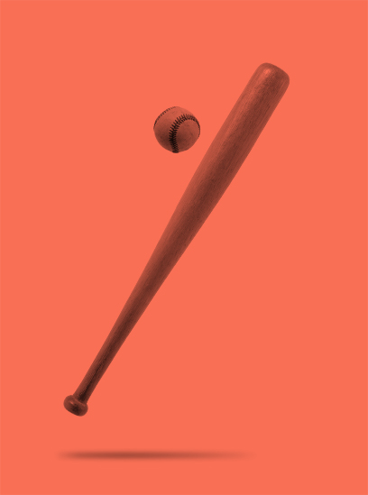 A red-tinted baseball and bat in front of a red background.