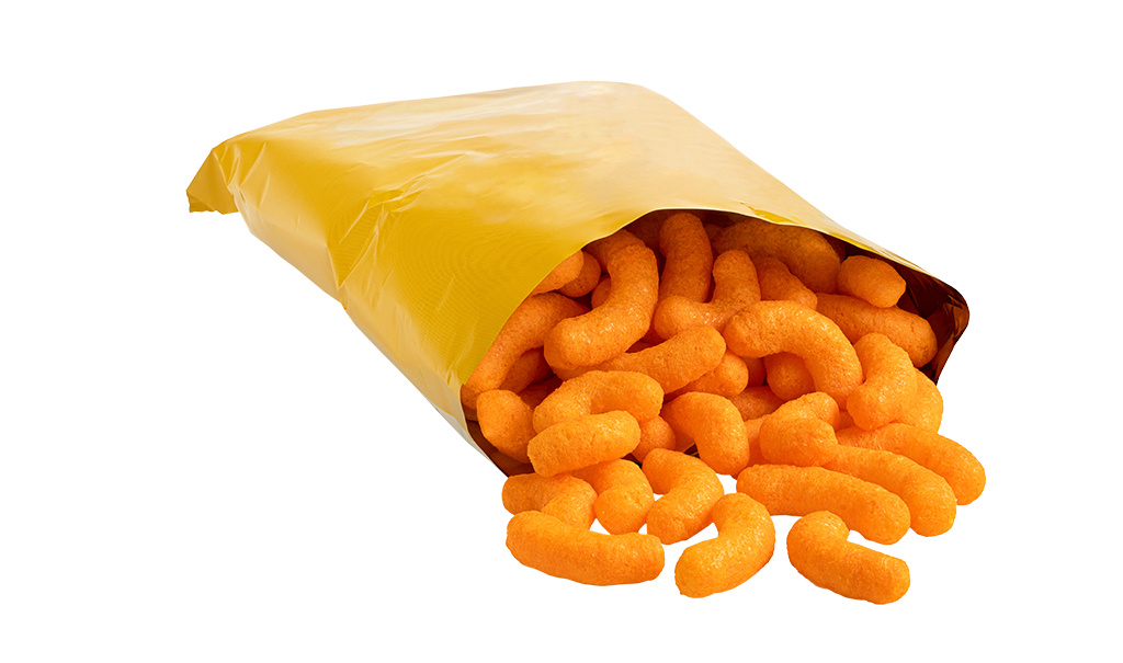 An open bag of cheese puffs.